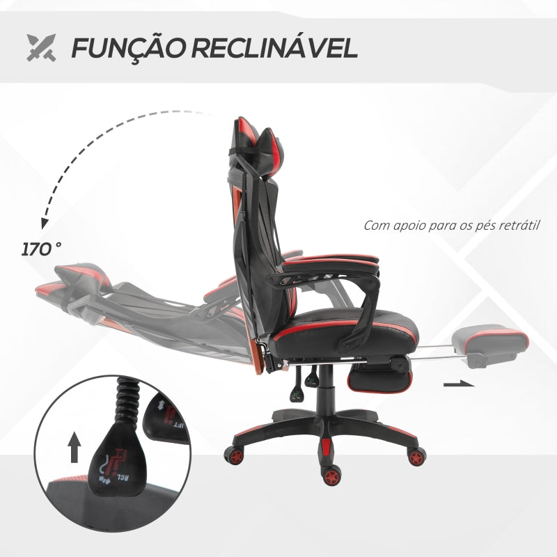 Vinsetto Cadeira Gaming Ergonómica Cadeira Gaming para Escritório com Altura Ajustável Encosto Regulável Almofada Lombar Apoio para os Pés Retráteis 65x70x117-125cm Vermelho