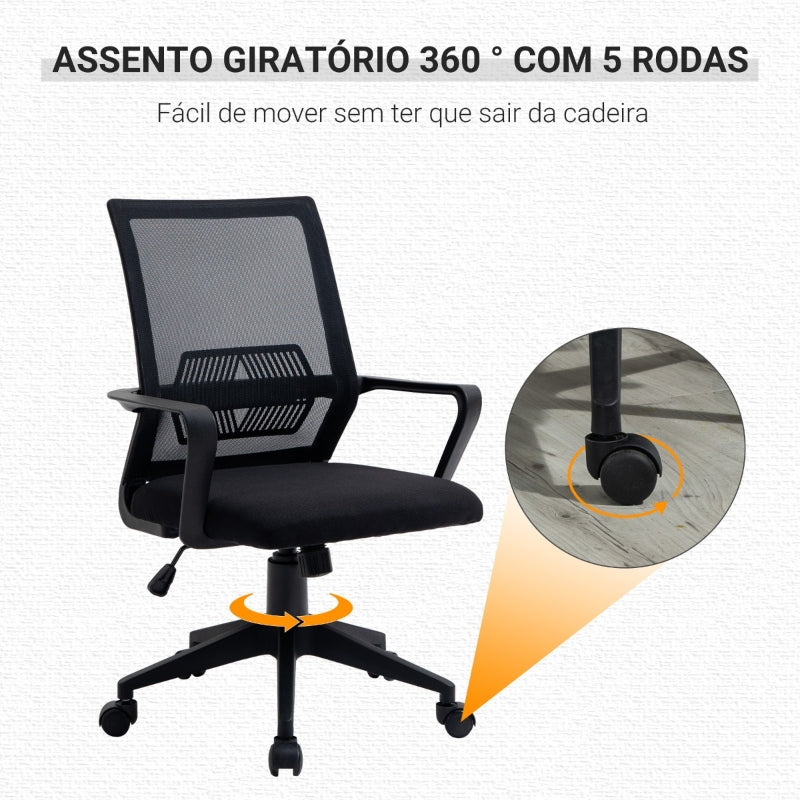 Vinsetto Cadeira de escritório ergonômica giratória ajustável em altura com apoio de braços e apoio lombar Tecido respirável 61x58.5x89-99 cm Preto