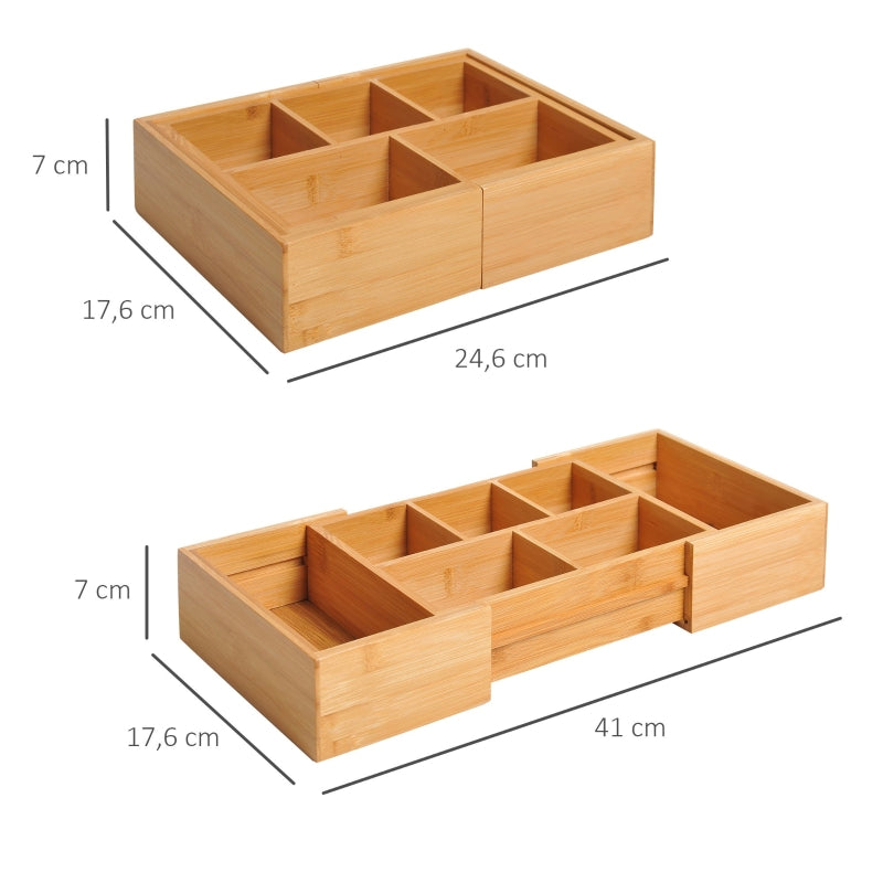 HOMCOM Organizador de Escritório de Bambu Caixa de Armazenamento Extensível com 5-7 Compartimentos 24,6-41x17,6x7 cm Madeira