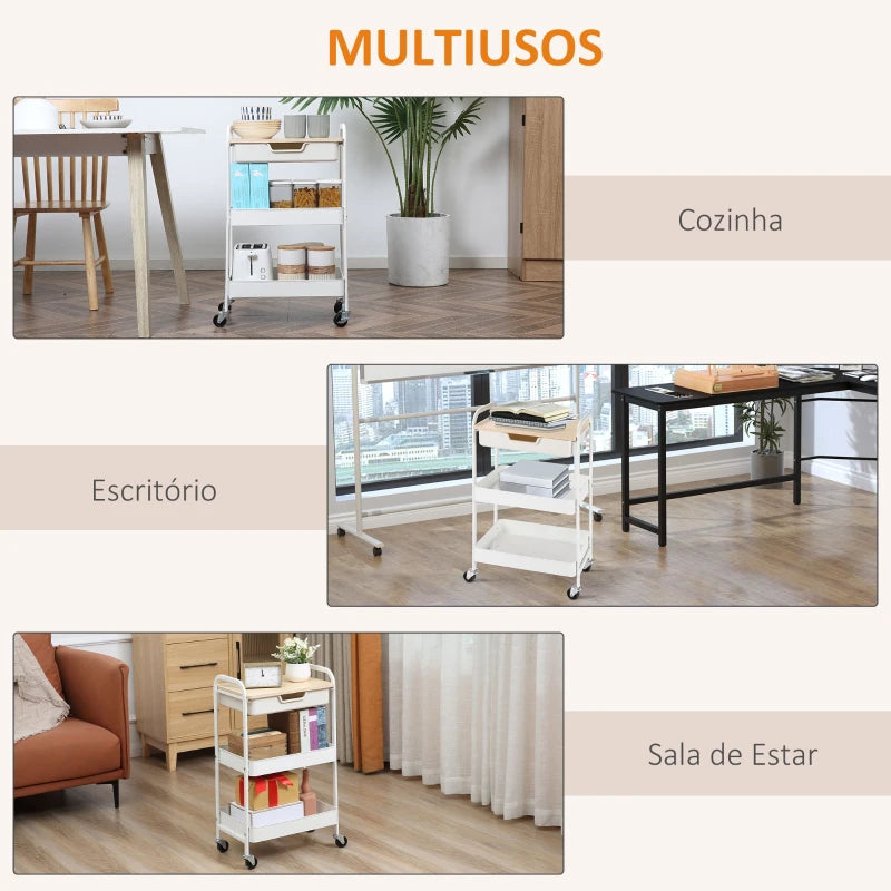 HOMCOM Carrinho de Cozinha com Rodas Carrinho de Armazenamento com Gaveta 2 Prateleiras e Rodas com Freios para Casa de Banho Sala de Estar Dormitório 43,9x30,5x75,6cm Branco e Madeira Natural