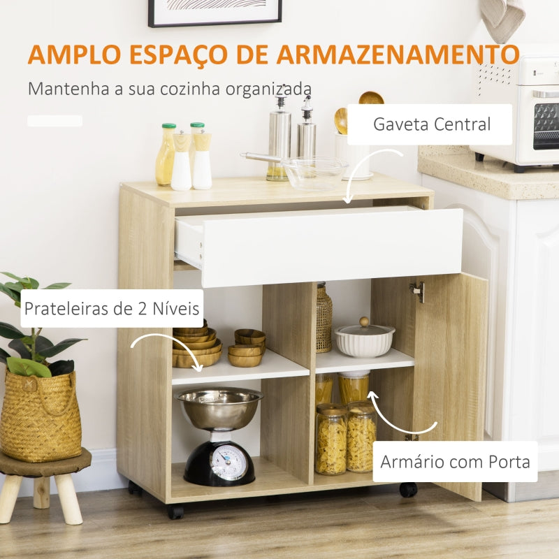 HOMCOM Carrinho de Cozinha com Rodas 1 Gaveta 1 Armário e Prateleiras de Armazenamento 81x39,6x90,3cm Madeira e Branco