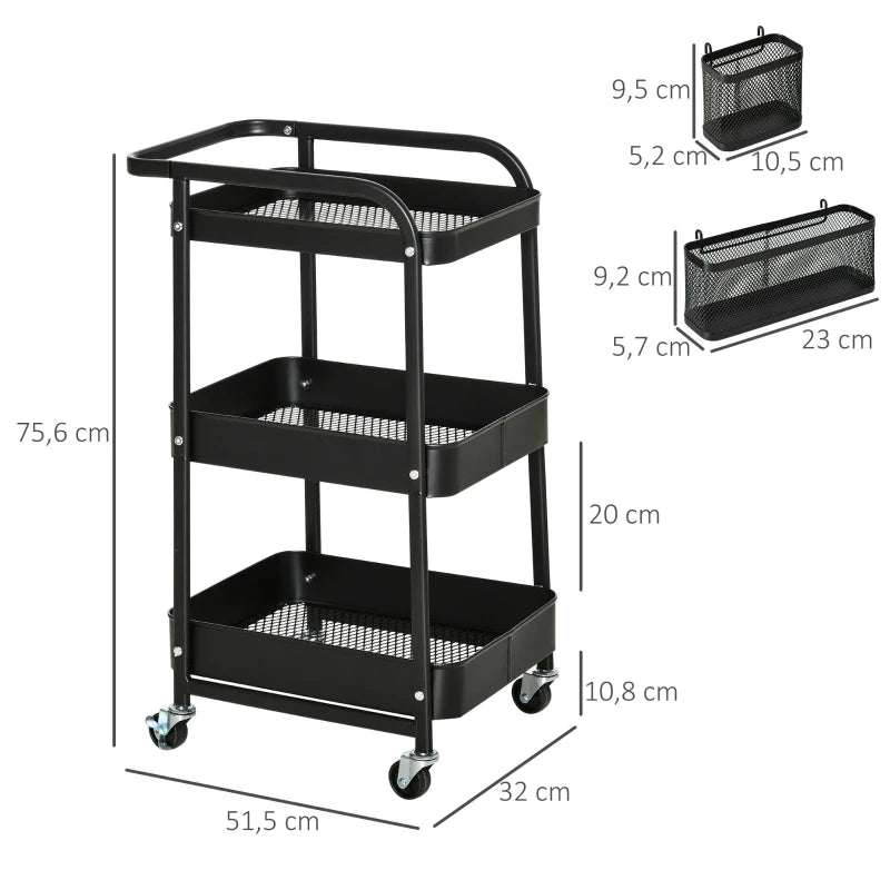 HOMCOM Carrinho de Cozinha com Rodas Carrinho de Armazenamento de 3 Níveis com 4 Ganchos 2 Cestas Alça de Transporte e Rodas com Freio para Casa de Banho Escritório Dormitório 51,5x32x75,6cm Preto