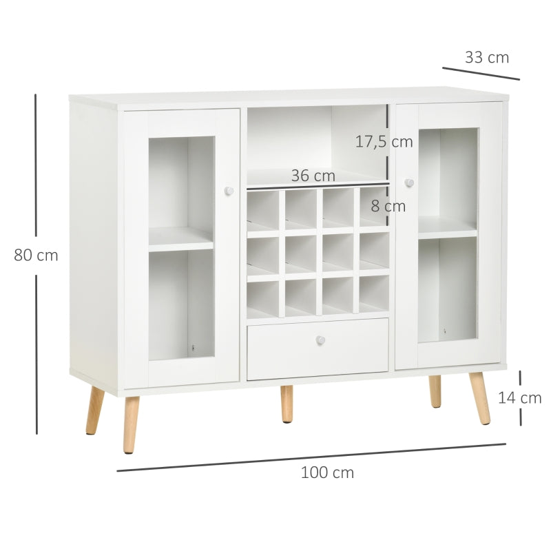 HOMCOM Aparador de Cozinha Armário de Armazenamento com 12 suportes para Garrafas e 3 Estantes Portas de vidro 100x33x80cm Branco