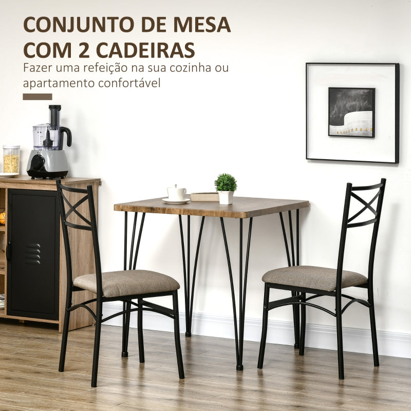 HOMCOM Conjunto de Sala de Jantar 3 Peças Conjunto 1 Mesa 74x74x76cm e 2 Cadeiras 42x50x91,5cm com Pés de Aço Estilo Moderno para Cozinha Marrom e Preto