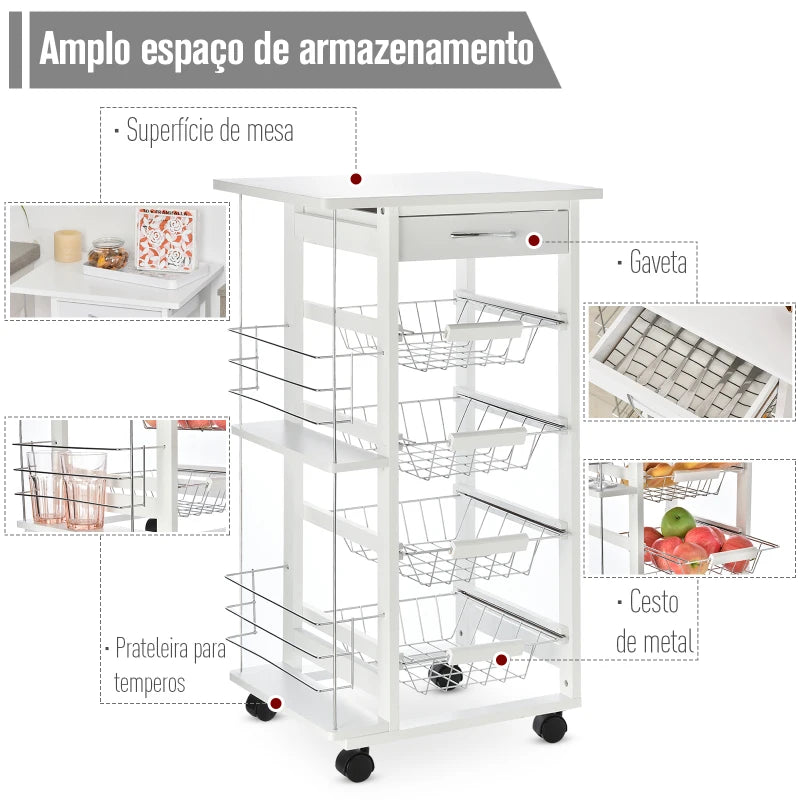 HOMCOM Carrinho de cozinha de 5 níveis com gaveta Cestas Rodas 47x37x83 Branco