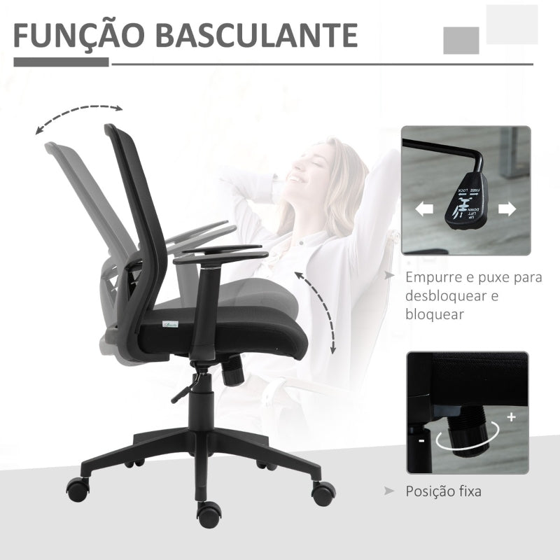 Vinsetto Cadeira de Escritório Giratória Cadeira de Escritório com Altura Ajustável Apoio para os Braços Suporte Lombar Encosto Transpirável e Função Basculante 62x61x99-109cm Preto