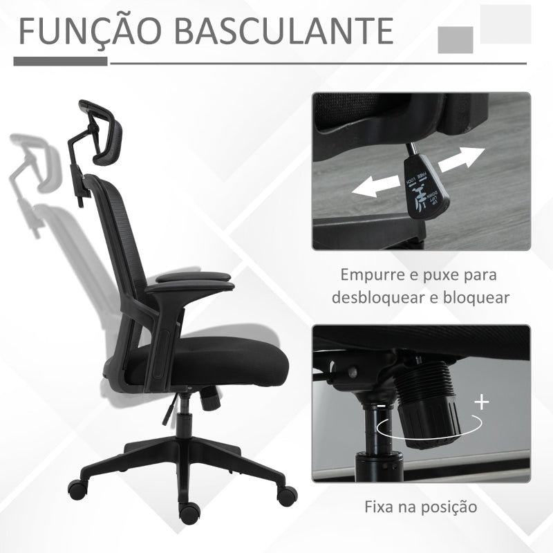 Vinsetto Cadeira de Escritório Ergonômica Giratória com Altura Ajustável Apoio para a Cabeça Suporte Lombar Reguláveis e Encosto Transpirável 63,5x64,5x113-122cm Preto