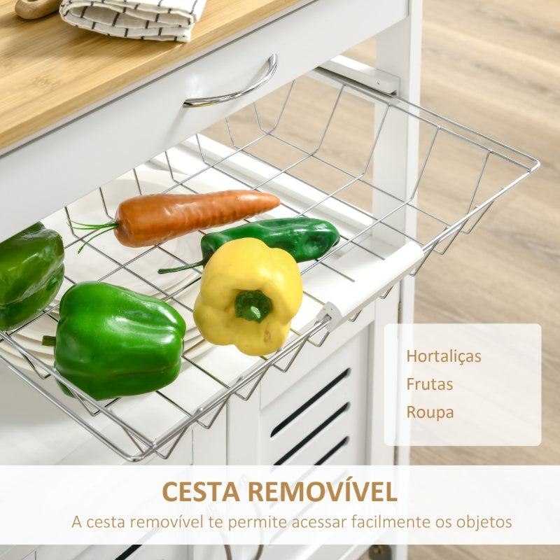 HOMCOM Carrinho de Cozinha com Rodas Carro de Armazenamento Multiúso com Bancada de Bambu Gaveta Cesta Metálica e Armário de 2 Portas de Persiana 58x37x83cm Branco