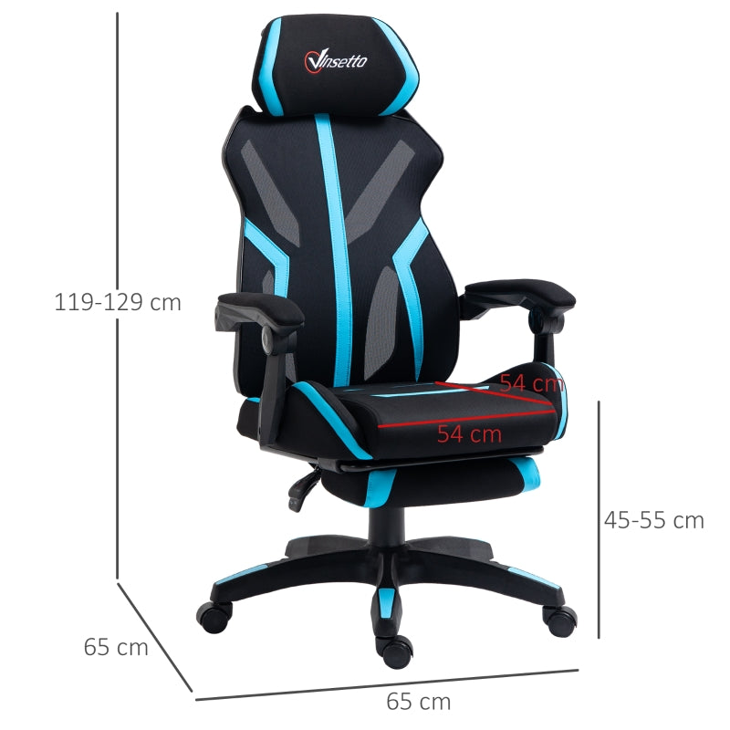 Vinsetto Cadeira de Gaming com Apoio para os Pés Retrátil Cadeira de Escritório Reclinável com Apoio para a Cabeça e Altura Ajustável 65x65x119-129cm Preto e Azul