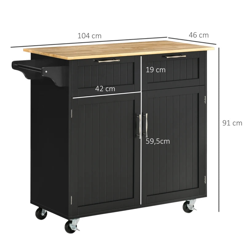 HOMCOM Carrinho de Cozinha com Rodas Móvel Auxiliar de Cozinha com 2 Gavetas 2 Portas Prateleira Ajustável 104x46x91 cm Preto