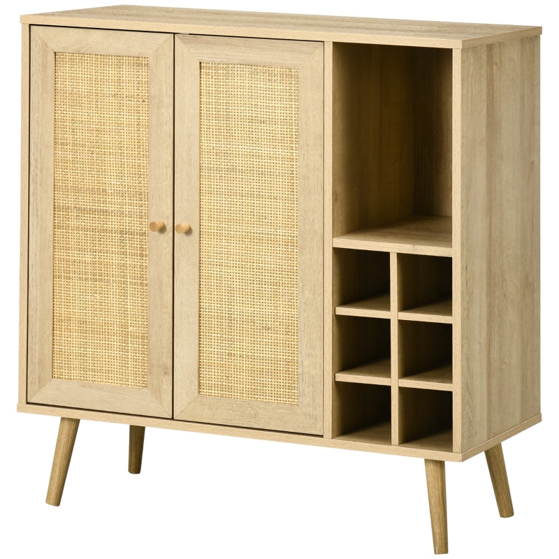 HOMCOM Aparador de Cozinha Móvel Buffet com 2 Portas de Vime Prateleira Aberta e Suporte para 6 Garrafas 83x39x88,5cm Madeira