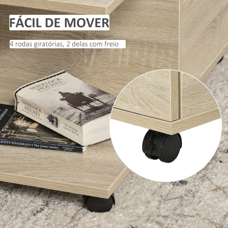 HOMCOM Mesa de Centro para Sala de Estar Mesa de Centro com Rodas 2 Prateleiras Abertas e 2 Gavetas 70x70x35cm Natural