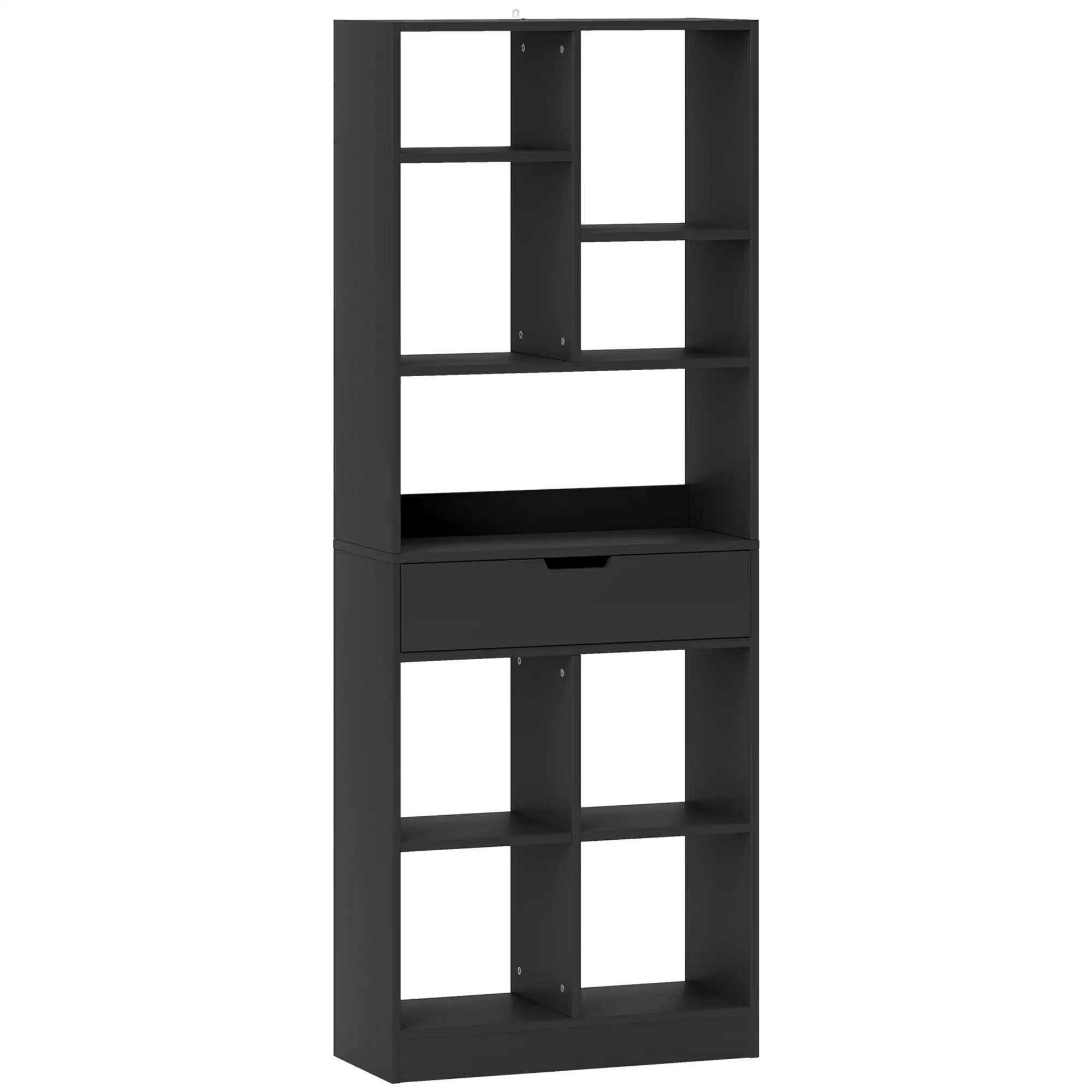 HOMCOM Estante de Madeira Estante para Livros com 1 Gaveta e 9 Compartimentos de Armazenamento 60x26x158 cm Preto