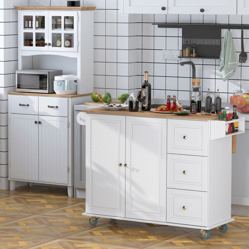 HOMCOM Ilha de Cozinha com Rodas ilha de Cozinha com Bancada Rebatível 3 Gavetas 1 Armário com Prateleira Interior Ajustável e Suporte para Temperos 128,8x75,5x92,5cm Branco e Natural