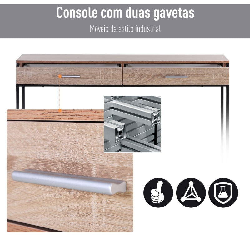 HOMCOM Mesa Tipo Consola de Estilo Industrial com 2 Gavetas e Prateleira Inferior 120x30x81,5cm Carvalho e Preto