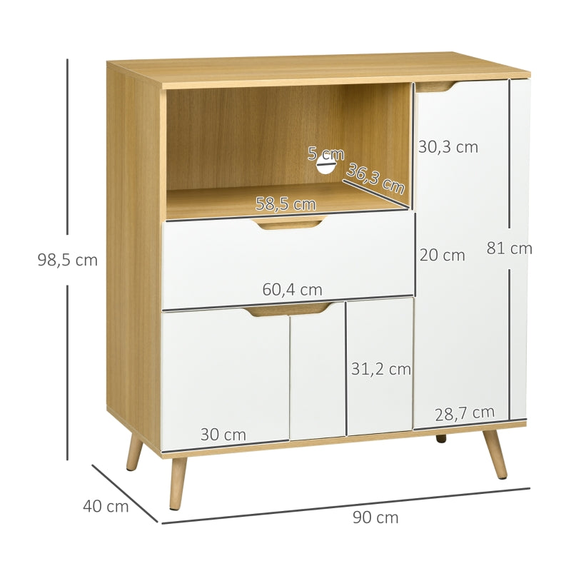 HOMCOM Aparador Auxiliar para Micro-Ondas Armário de Cozinha Moderno com Gaveta 3 Portas e Compartimento 90x40x98,5 cm Branco