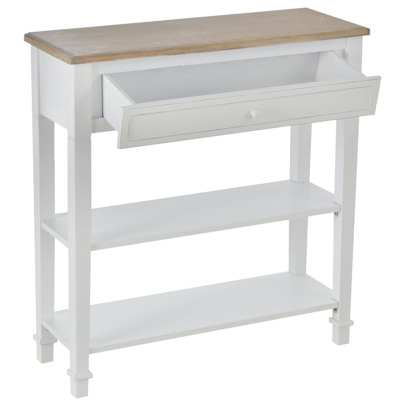 HOMCOM Mesa Consola Multifuncional Mesa auxiliar para Sala de Estar Corredor Sala de Jantar com 2 Prateleiras 1 Gaveta Removível puxador Estilo Retro Pinho 75,6x27,5x80,5 cm Madeira Natural Branco