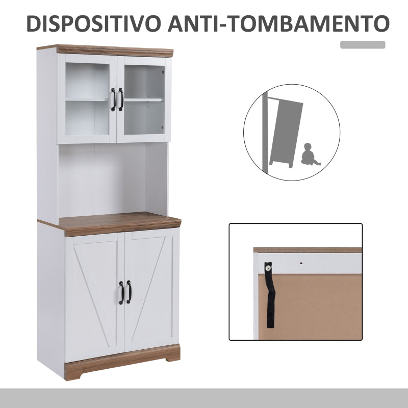 HOMCOM Armário de Cozinha com 2 Portas de Vidro Prateleiras Ajustáveis Bancada e Sistema Anti-Tombo 72x40x178cm Branco e Madeira