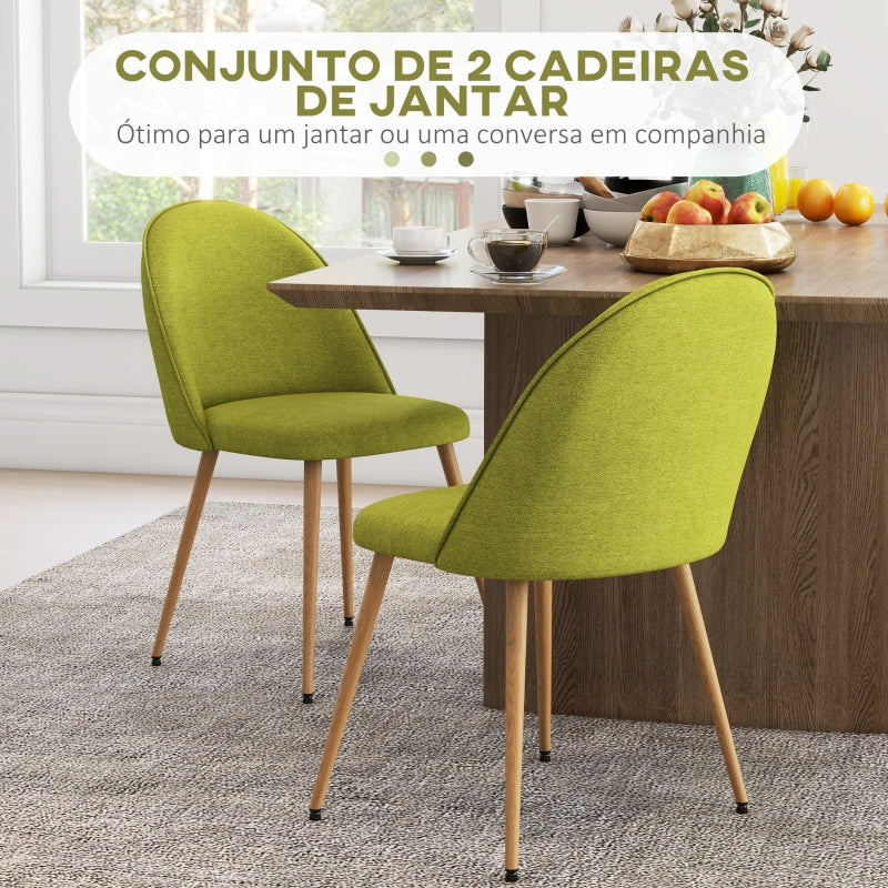 HOMCOM Conjunto de 2 Cadeiras Sala de Jantar Estofadas em Tecido de Linho com Pés de Aço 50x52x83 cm Verde e Madeira