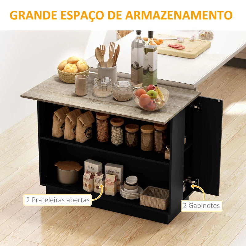 HOMCOM Ilha de Cozinha Móvel Auxiliar de Cozinha com 2 Prateleiras Abertas 2 Portas Estilo Moderno 105x60x82 cm Preto e Carvalho