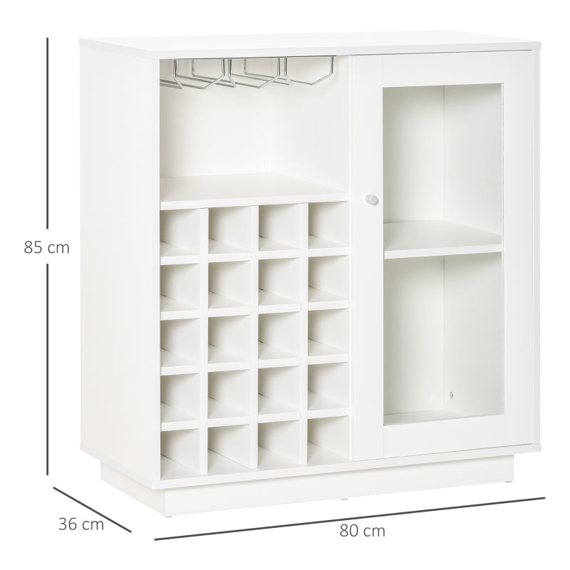 HOMCOM Aparador de Cozinha com Suporte para 20 Garrafas Armário Auxiliar com 1 Porta de Cristal Prateleiras e Suporte para Taças de Vinho para Sala de Estar Bar 80x36x85cm Branco