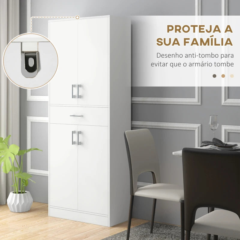 HOMCOM Armário de Cozinha com 4 Portas 1 Gaveta e Prateleiras Ajustáveis Anti-Tombo Armário de Cozinha Moderno 70,8x34x180 cm Branco