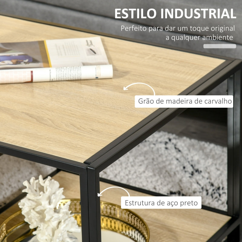 HOMCOM Mesa de Centro para Sala de Estar com 2 Prateleiras de Armazenamento Mesa Auxiliar com Estrutura de Aço para Dormitório Escritório 120x60x46cm Carvalho