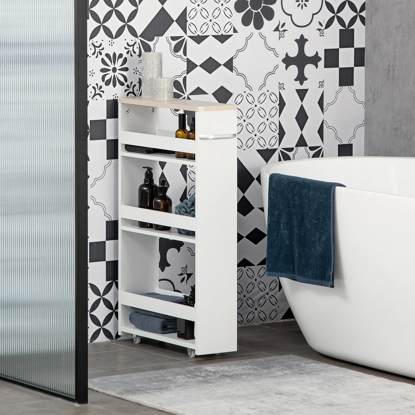 kleankin Estante de Armazenamento Casa de Banho de 3 Níveis Estante Estreita com Alça Lateral Estante com Rodas 48x15x80cm Branco