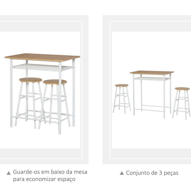 HOMCOM Conjunto de Móvel Bar com Mesa Alta e 2 Bancos com Prateleira de Armazenamento e Estrutura de Metal 80x50x90cm Branco e Madeira