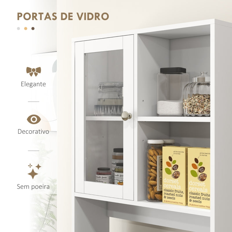 HOMCOM Armário de Cozinha com 2 Armários com Portas de Vidro Temperado 2 Compartimentos Abertos 4 Gavetas e Prateleiras Ajustáveis 60x35x180 cm Branco