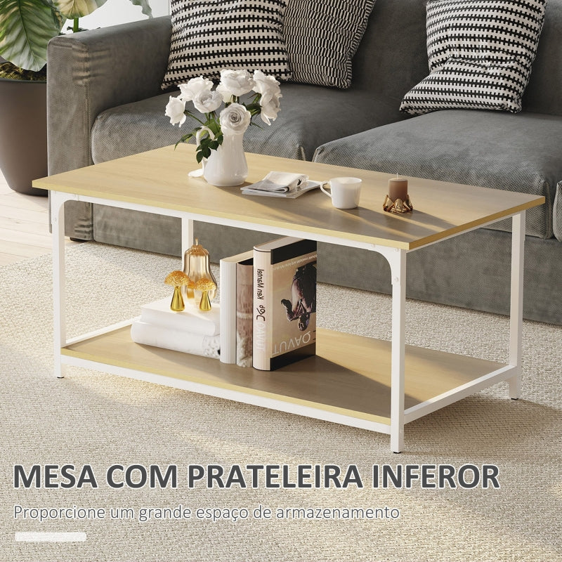 HOMCOM Mesa de Centro para Sala de Estar Moderna Mesa de Centro com Prateleira de Armazenamento Pés Ajustáveis e Estrutura de Aço para Escritório 100x54x45,8cm Natural