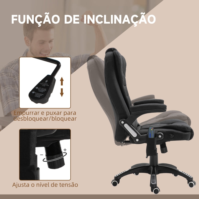 Vinsetto Cadeira de Escritório com 6 Pontos de Massagem Reclinável até 130° com Função de Aquecimento 68x72x110-120 cm Preto