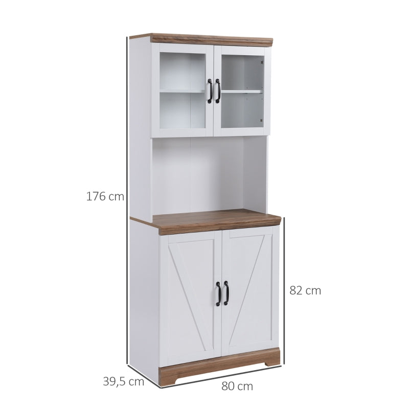 HOMCOM Armário de Cozinha com 2 Portas de Vidro Prateleiras Ajustáveis Bancada e Sistema Anti-Tombo 72x40x178cm Branco e Madeira