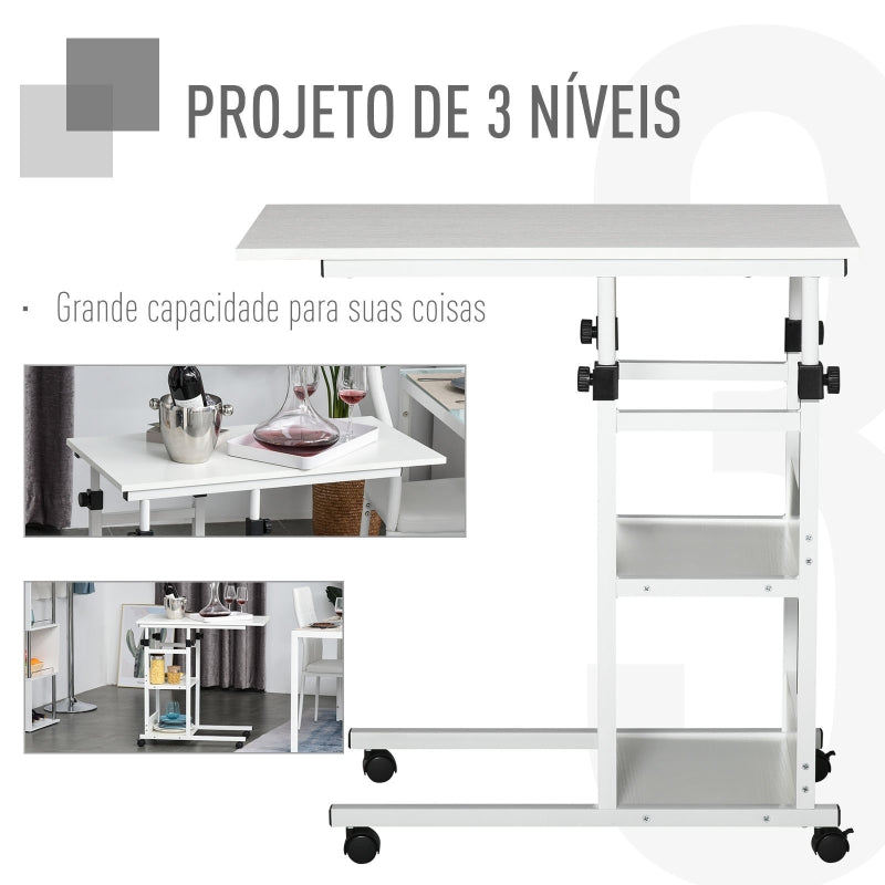 HOMCOM Mesa Lateral para Sofá Mesa lateral em Forma de C com 4 rodas Giratórias Freios Altura Ajustável 3 níveis Estrutura Metálica 80x40x72-82cm Branco