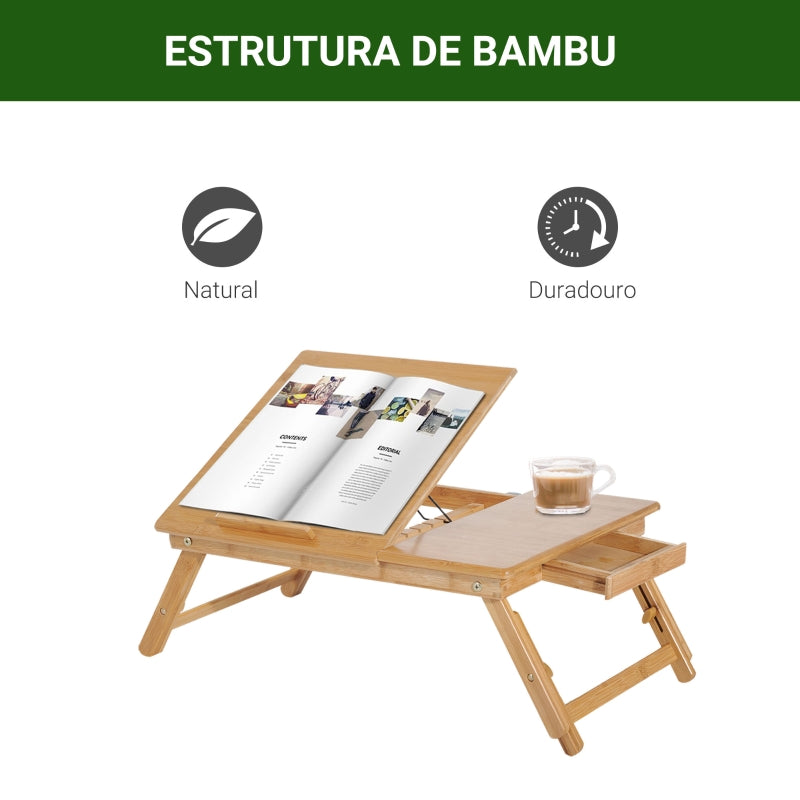 HOMCOM Mesa de Computador Portátil Bambu Dobrável Reclinado Altura ajustável Suporte Mesa de volta 1 Gaveta 55x35x22-30cm