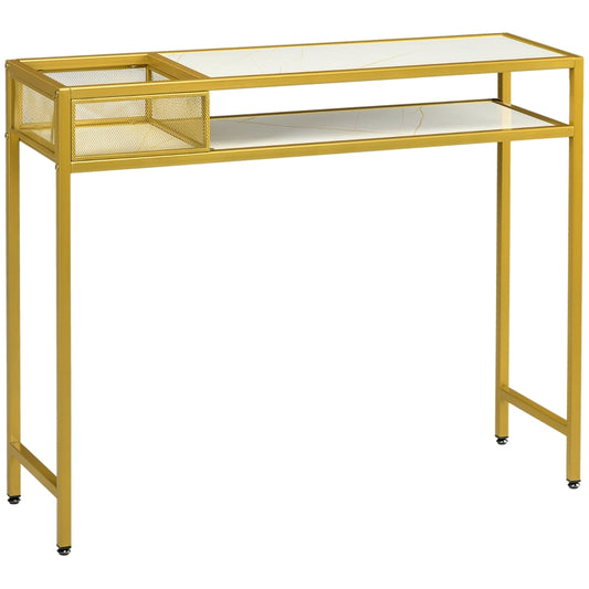 HOMCOM Mesa Consola com Prateleira Cesta de Armazenamento e Estrutura de Aço Móvel de Entrada 100x30x80 cm Dourado e Branco