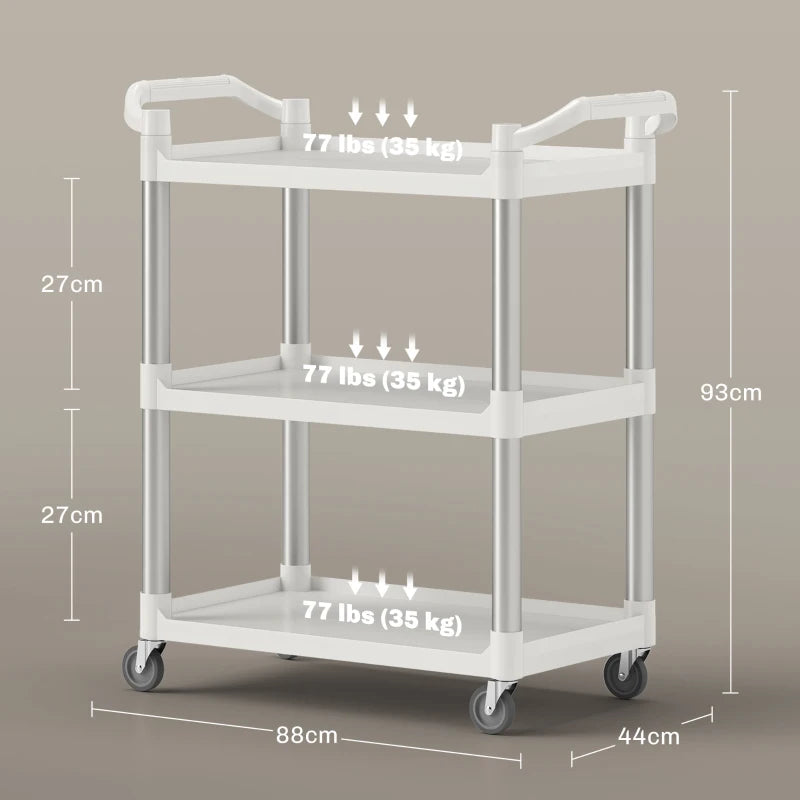 HOMCOM Carrinho Auxiliar com Rodas e 3 Prateleiras Carrinho de Cozinha com Armazenamento Carga 105 kg 88x44x93 cm Branco