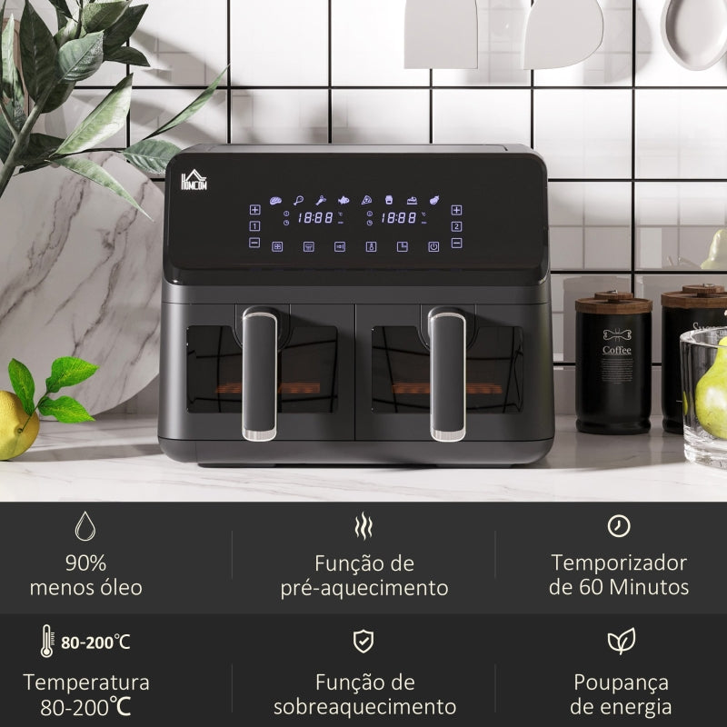 HOMCOM Fritadeira sem Óleo Dupla 8L 2500W com 8 Programas Ecrã LED Tátil Temperatura Ajustável 80-200°C Temporizador