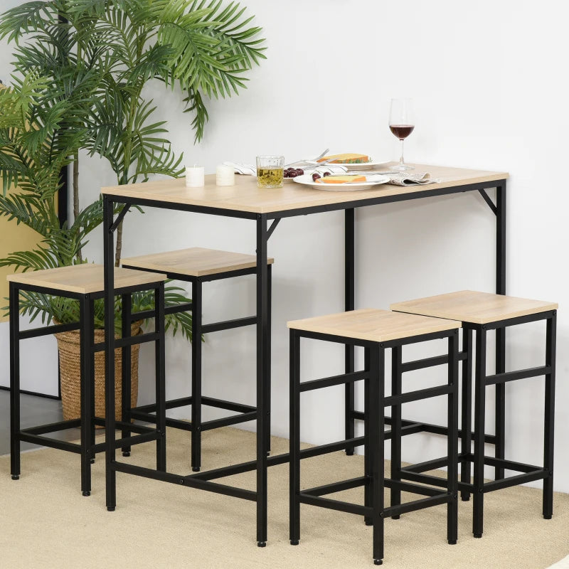 HOMCOM Conjunto de Mesa de Bar com 4 Bancos com Apoio para os Pés Conjunto de Móveis de 5 Peças Mesa de 100x60x88cm e Bancos de 32x32x57cm para Sala de Jantar Cozinha Preto e Carvalho