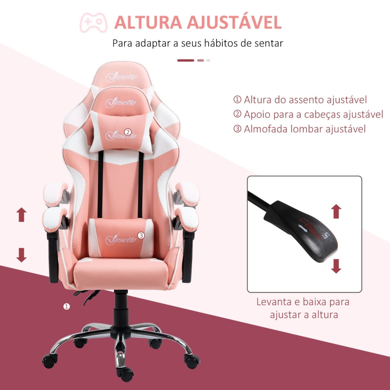 Vinsetto Cadeira Gaming Ergonômica Cadeira Reclinável com Altura Ajustável Apoio para a Cabeça e Lombar 63x67x122-130cm Rosa e Branco