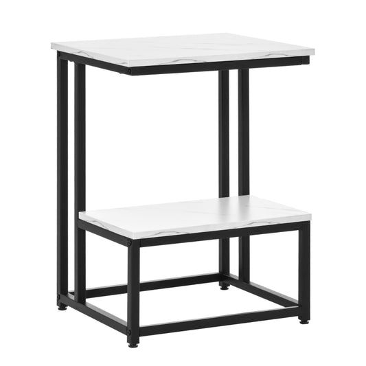 HOMCOM Mesa Auxiliar de 2 Níveis Mesa Lateral de Sofá em Forma de C com Superfície de Imitação de Mármore e Estrutura de Aço para Sala de Estar 45x40x61,5cm Branco e Preto