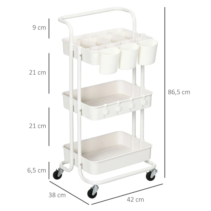 HOMCOM Carrinho de Cozinha Carrinho de Armazenamento com 4 Ganchos 3 Cestas Removíveis 3 Caixas Suspensas 42x38x86,5 cm Branco