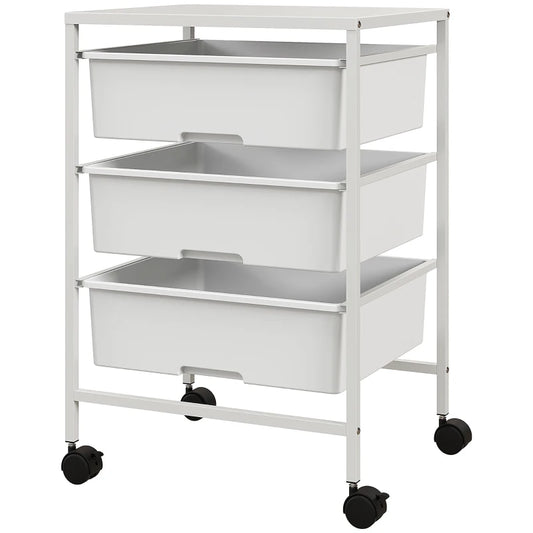 HOMCOM Carrinho Auxiliar com Rodas Carrinho de Cozinha de 3 Níveis com 3 Cestos e Estrutura de Aço 40,8x33,5x60,5 cm Branco