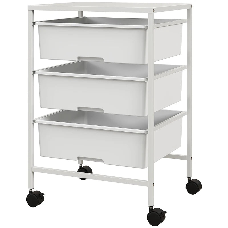 HOMCOM Carrinho Auxiliar com Rodas Carrinho de Cozinha de 3 Níveis com 3 Cestos e Estrutura de Aço 40,8x33,5x60,5 cm Branco