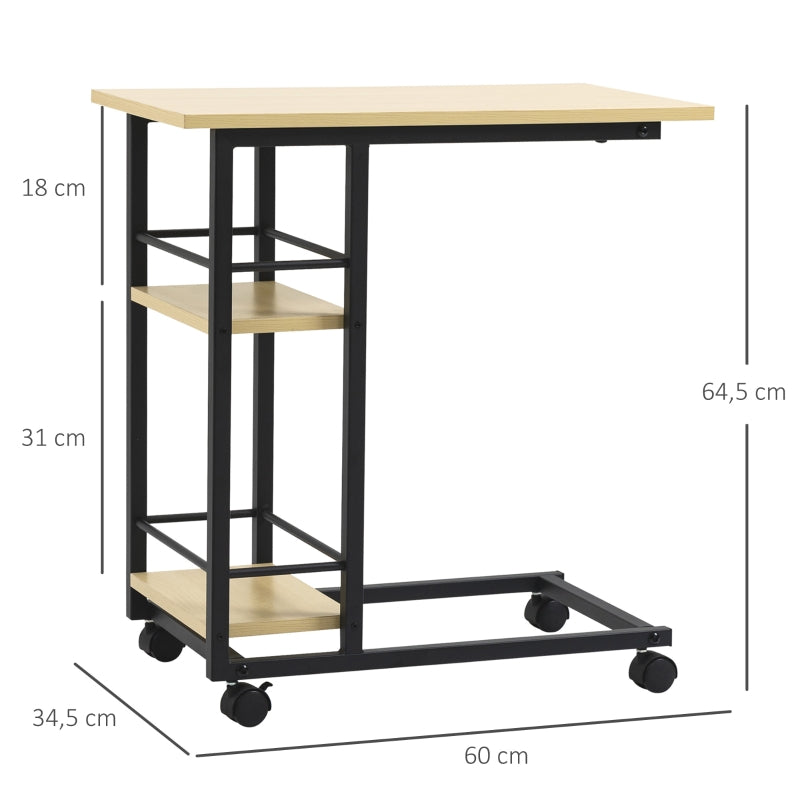 HOMCOM Mesa Auxiliar com Rodas Mesa Lateral em Forma de C para Sofá Cama com 2 Prateleiras e Freios Estilo Moderno 60x34,5x64,5cm Madeira