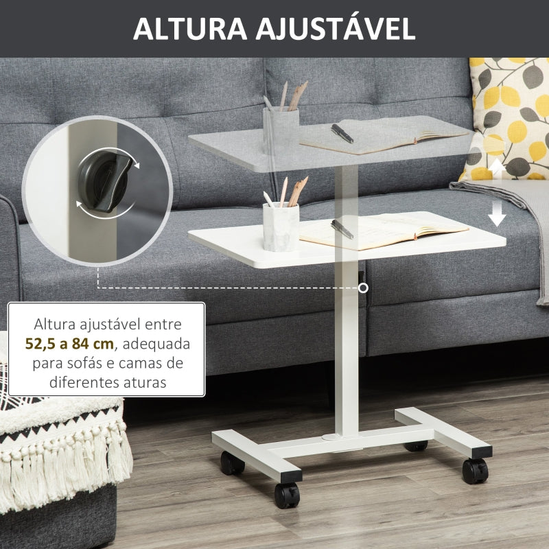 HOMCOM Mesa Auxiliar com Rodas Mesa Lateral para Sofá ou Cama com Altura Ajustável Estrutura de Metal e Freios para Dormitório Sala de Estar 60x40x52,5-84cm Branco