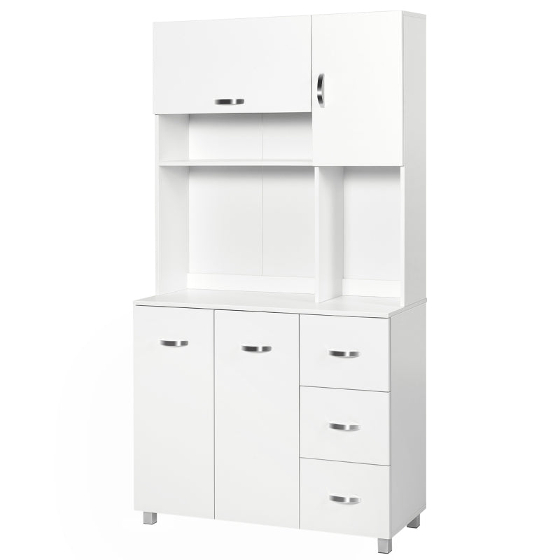 HOMCOM Armário de Cozinha Armário Alto com 3 Gavetas 4 Portas Prateleiras Interiores Ajustáveis e Pés Elevados Móvel Auxiliar para Sala de Jantar Sala de Estar 100x39,x183,5cm Branco