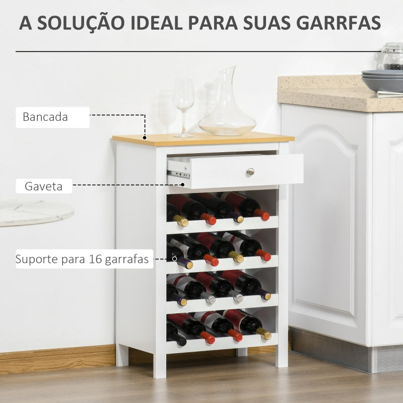 HOMCOM Aparador de Cozinha Moderno com 1 Gaveta e 4 Suportes para 16 Garrafas de Vinho Armário Auxiliar Anti-Tombo 55x30x80cm Branco