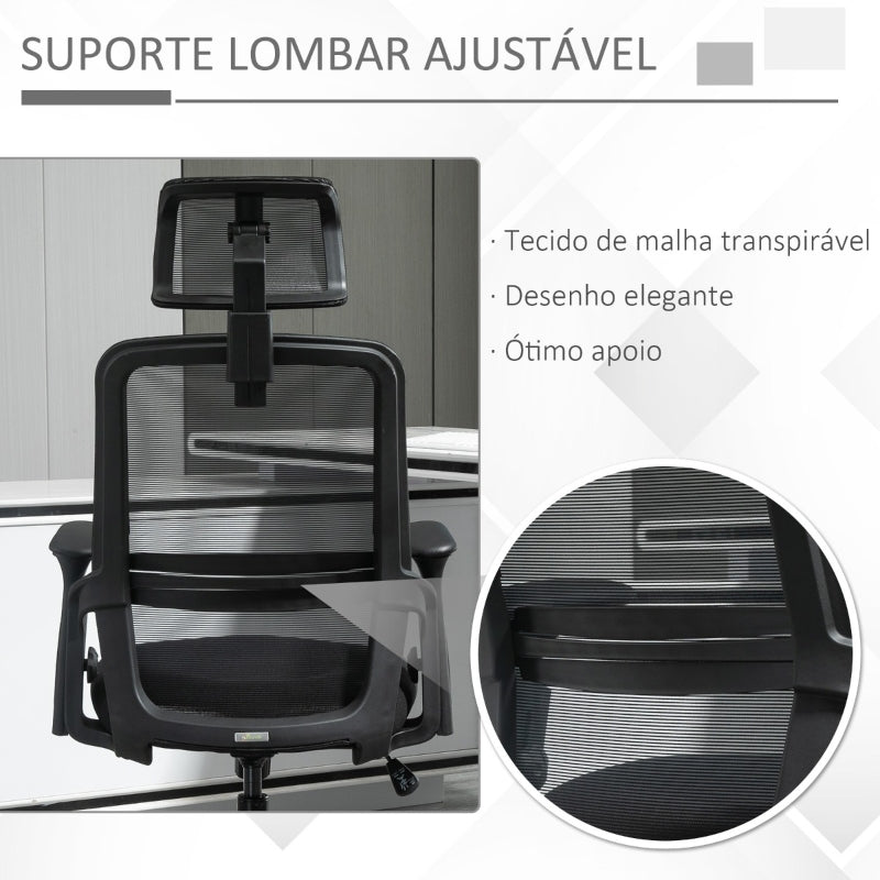 Vinsetto Cadeira de Escritório Ergonômica Giratória com Altura Ajustável Apoio para a Cabeça Suporte Lombar Reguláveis e Encosto Transpirável 63,5x64,5x113-122cm Preto