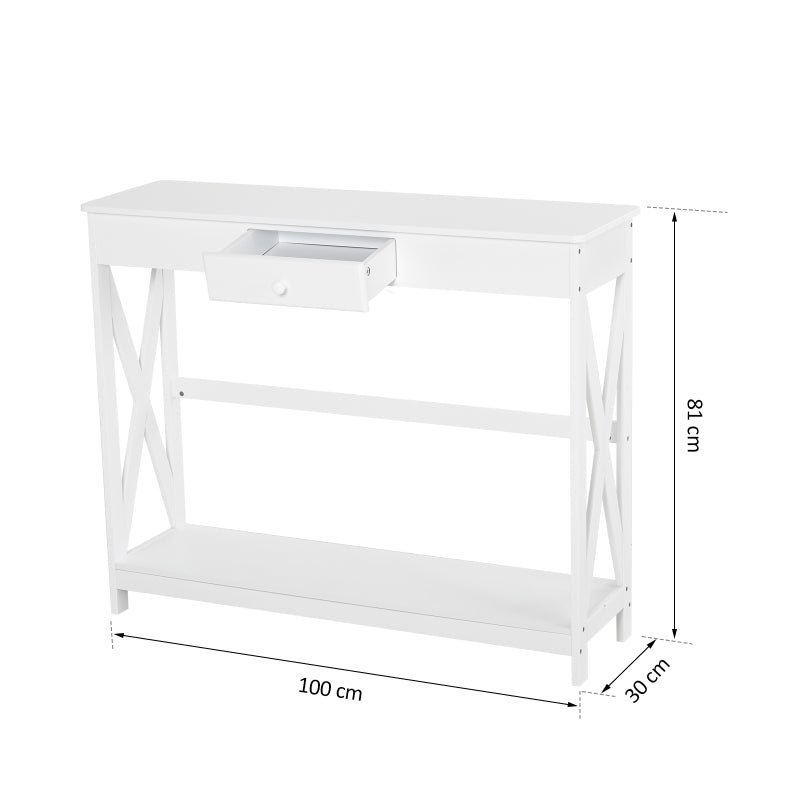 HOMCOM Mesa Consola Clássica com 1 Gaveta e 1 Prateleira de Armazenamento para a Entrada Mesa Auxiliar Sala de Estar Estilo Elegante 100x30x81cm Branco